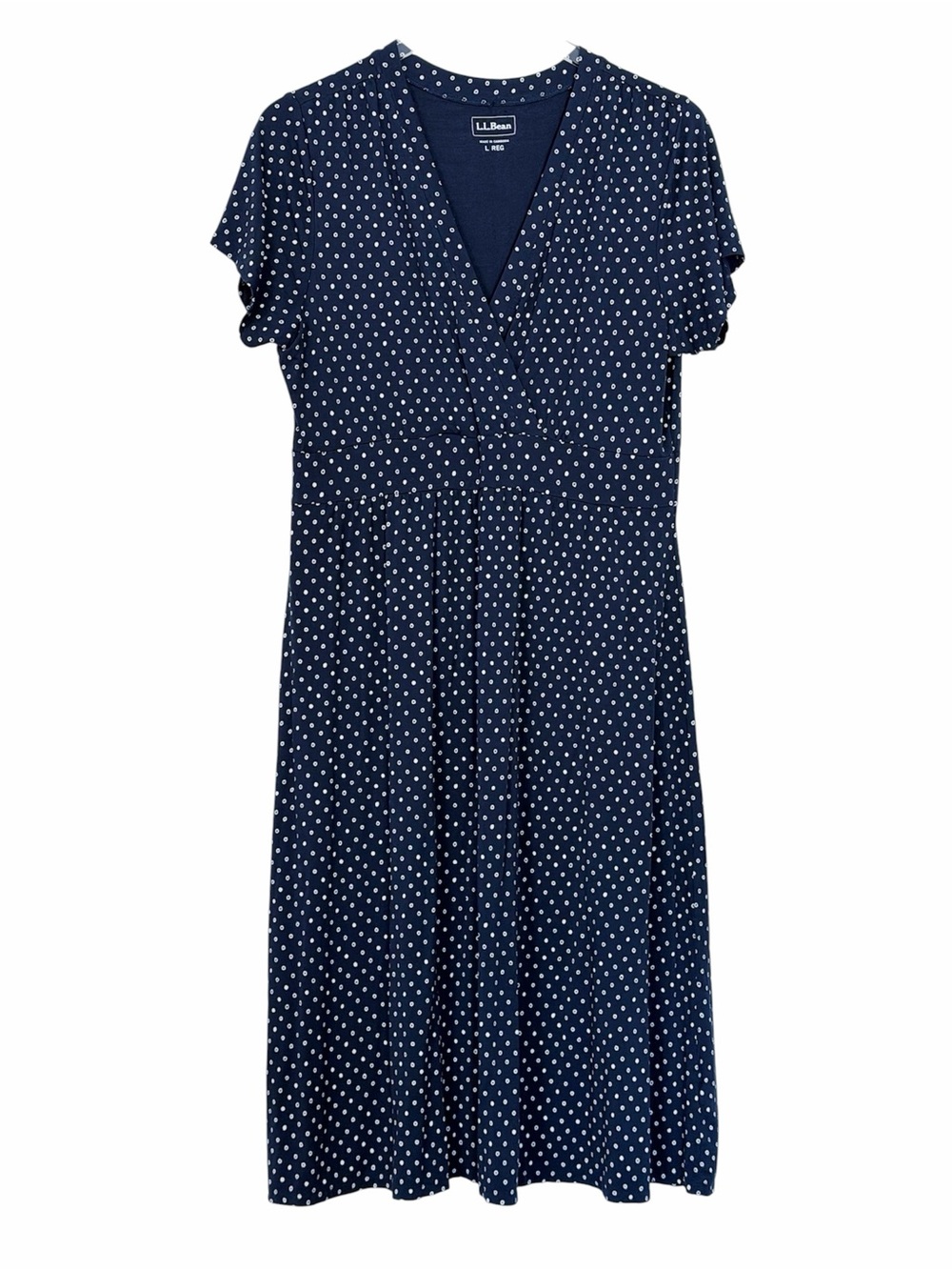 LL Bean Faux Wrap Jersey Knit Midi Dress Navy Polka Dot Size L